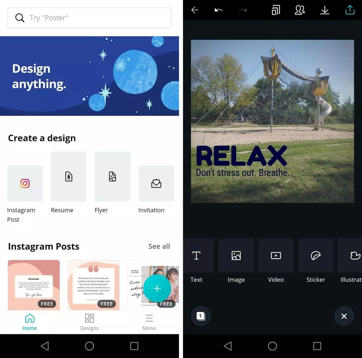 Canva: captura de pantalla de la app de Android