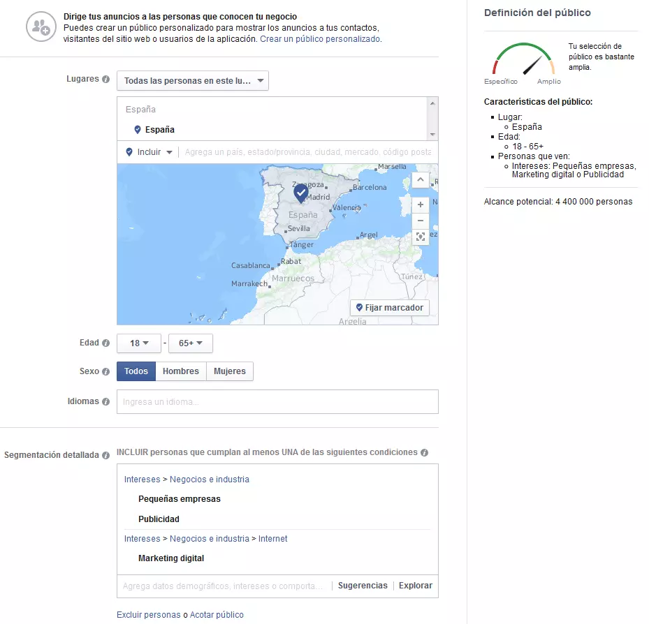 Imagen: Definición del público objetivo para crear anuncios en Facebook