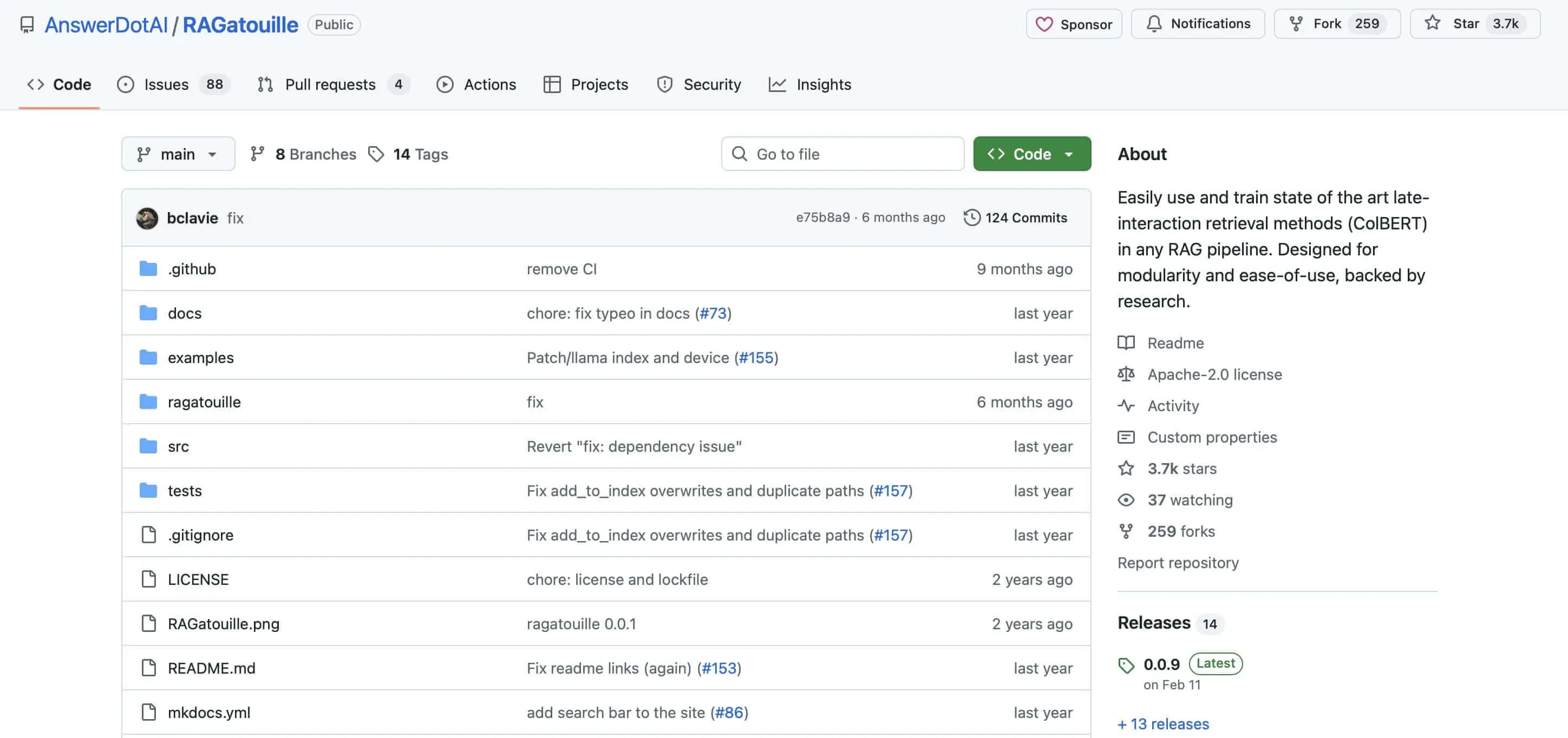 Captura del repositorio de GitHub de RAGatouille Imagen: Captura del repositorio de GitHub de RAGatouille