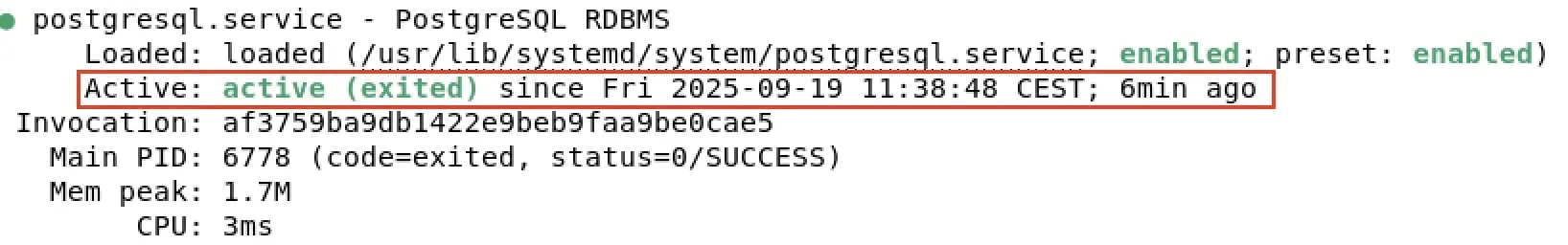 Imagen: Captura de pantalla del estado del servicio PostgreSQL