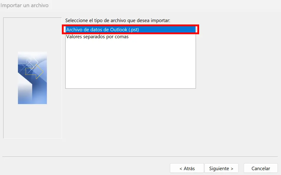 Seleccionar el formato de archivo adecuado en el asistente de Outlook Imagen: Seleccionar el formato de archivo adecuado en el asistente de Outlook