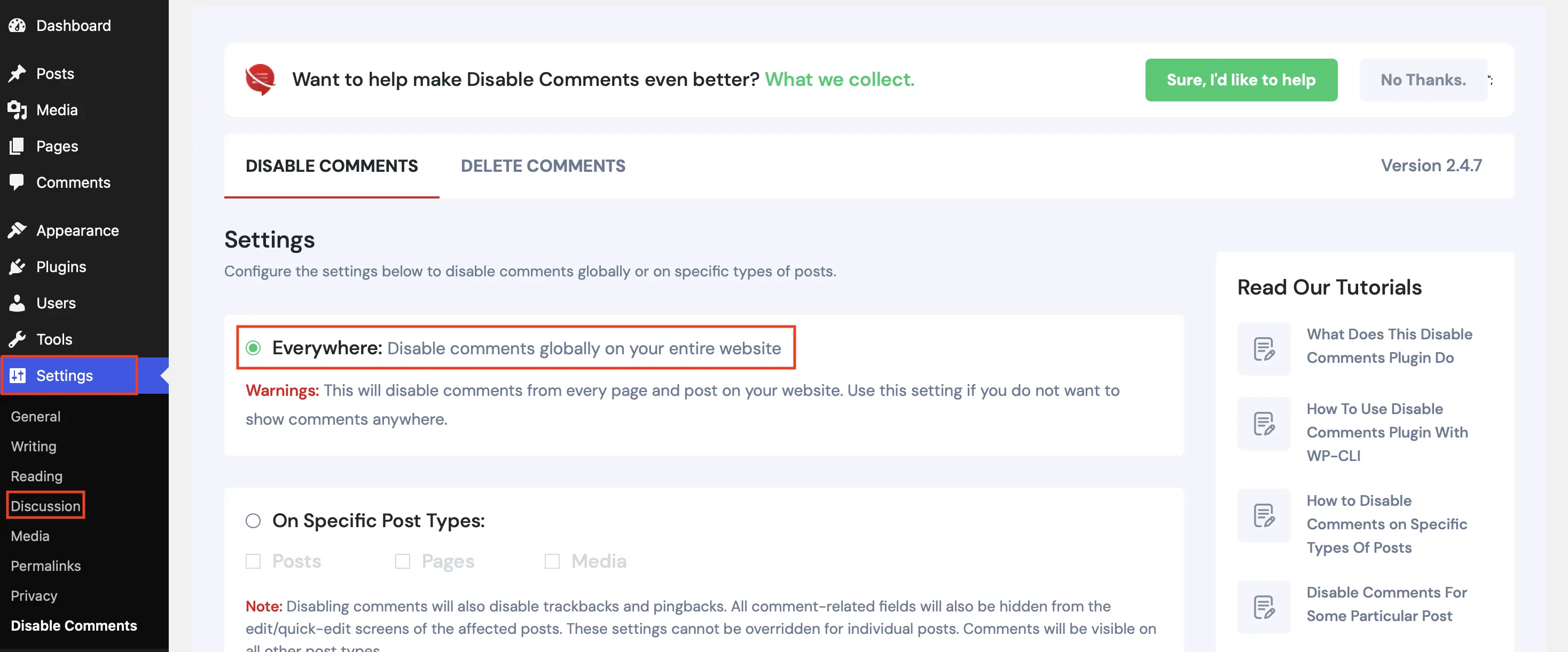 Backend del plugin “Disable Comments”: deshabilitar comentarios con opciones de configuración Imagen: Backend del plugin “Disable Comments”: deshabilitar comentarios con opciones de configuración