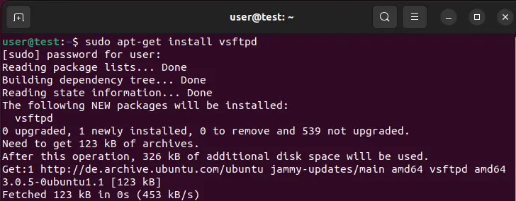 Imagen: Ubuntu 22.04: instalación de vsftpd en el terminal