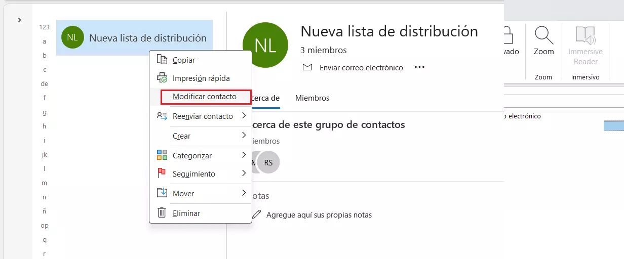 Editar un contacto de la lista de distribución de Outlook creada Editar un contacto de la lista de distribución de Outlook creada