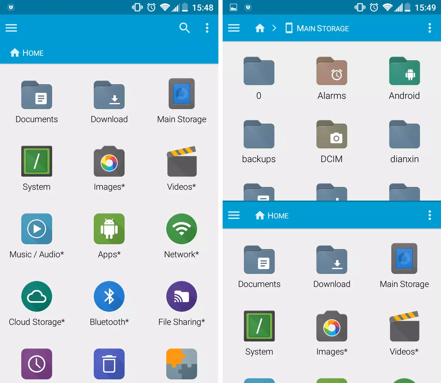 Imagen: Menú principal y modo de dos panales de visualización en el gestor de archivos para Android FX File Explorer