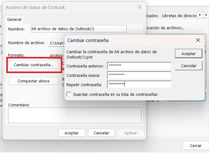 Cambiar la contraseña de un archivo de datos de Outlook Imagen: Cambiar la contraseña de un archivo de datos de Outlook