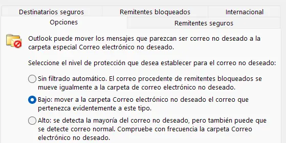 Opciones del filtro de spam de Outlook Imagen: Opciones del filtro de spam de Outlook