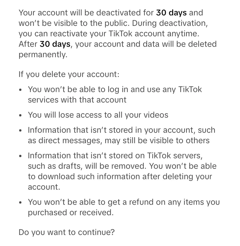 Texto informativo sobre la eliminación de la cuenta de TikTok Imagen: Texto informativo sobre la eliminación de la cuenta de TikTok