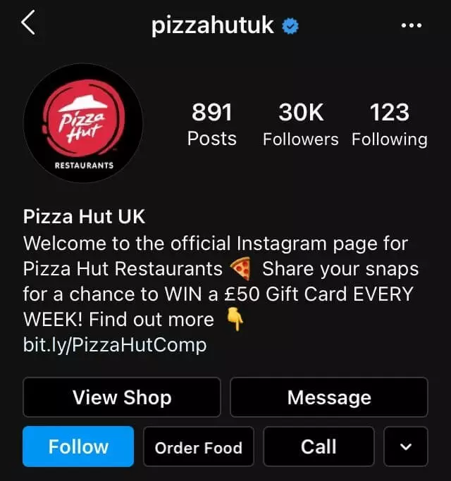 Biografía con botón para pedir en un perfil de Instagram