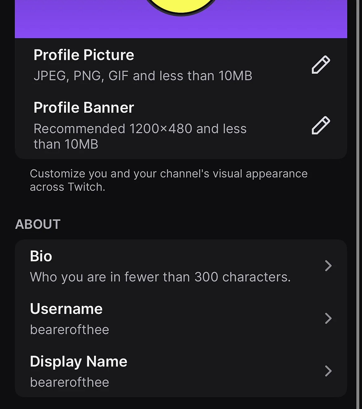 Menú “Editar perfil” en la app de Twitch Imagen: Menú “Editar perfil” en la app de Twitch