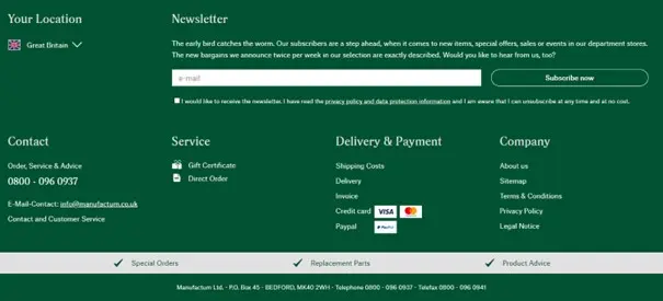 Captura de pantalla del footer de Manufactum Imagen: Captura de pantalla del footer de Manufactum