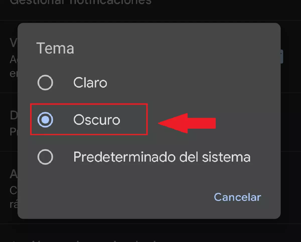 Imagen: El menú “Tema” con las distintas opciones de brillo disponibles