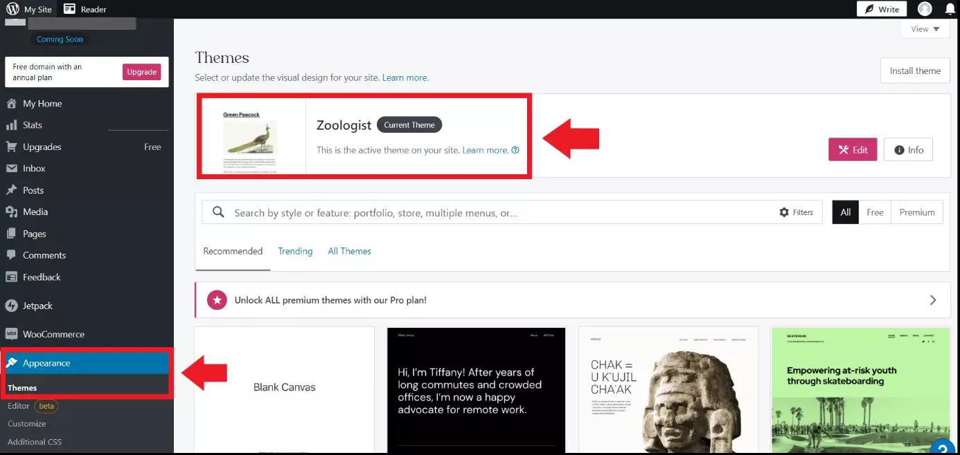 Imagen: La página de WordPress en el panel de control con todos los temas instalados