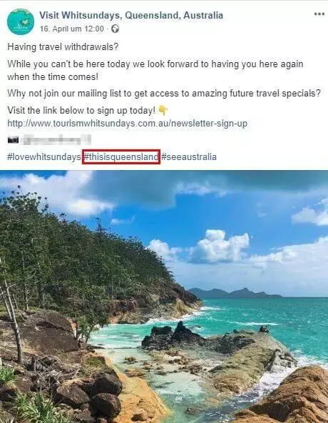 Hashtag marketing: Página de Facebook de “Visit Whitsundays”