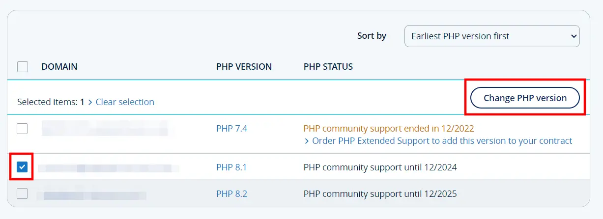 Estado PHP de los dominios en el panel de control de IONOS Imagen: Estado PHP de los dominios en el panel de control de IONOS
