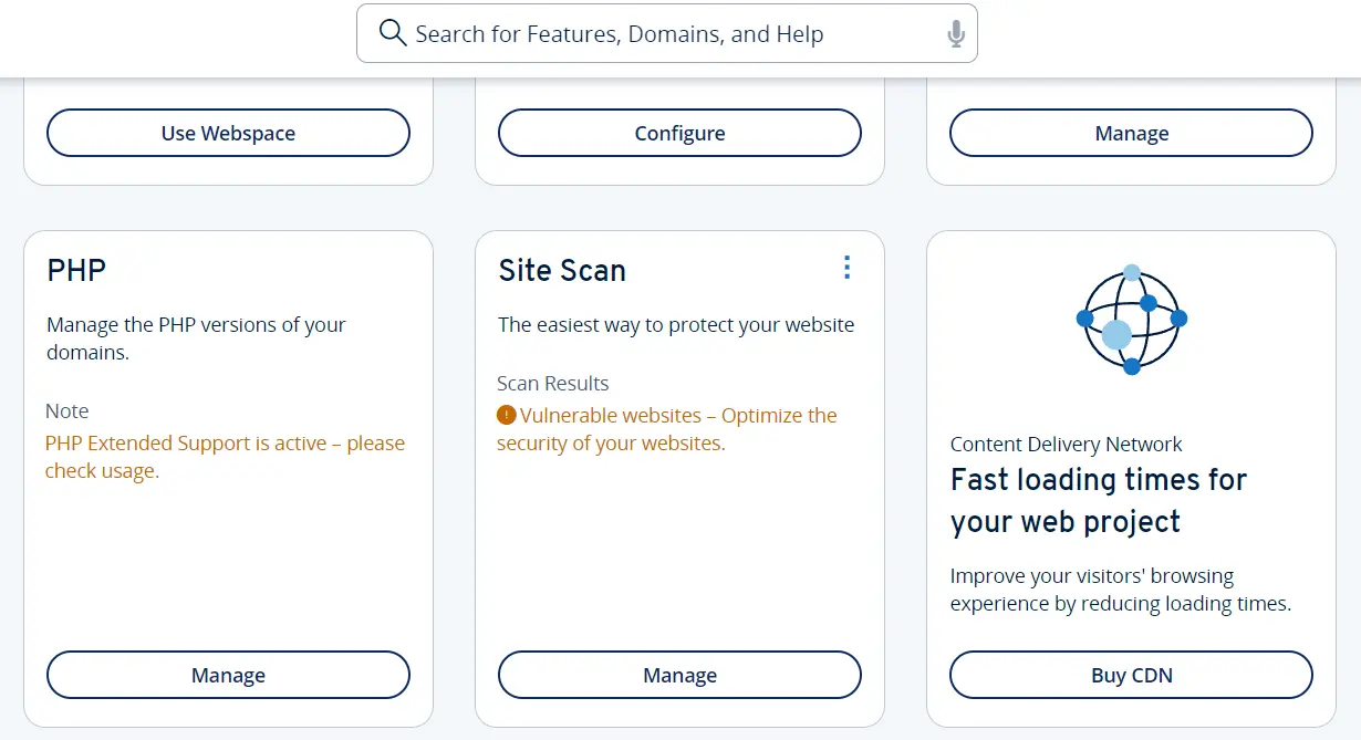 Panel de control de IONOS: entrada de PHP en el resumen de tu alojamiento Imagen: Panel de control de IONOS: entrada de PHP en el resumen de tu alojamiento