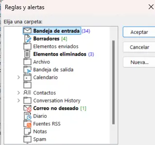 Imagen: Asistente para reglas en Outlook: selección de la carpeta de destino