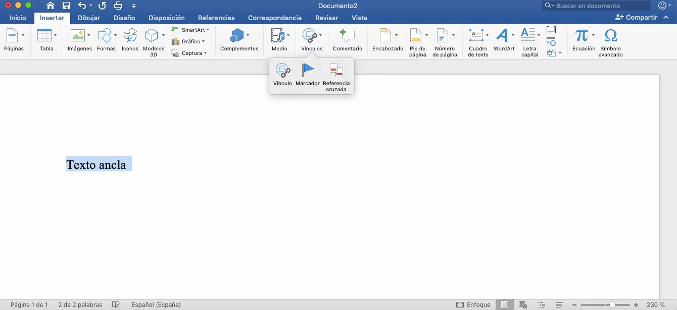 Imagen: Microsoft Word: la tecla “Vínculo” dentro del menú “Insertar”