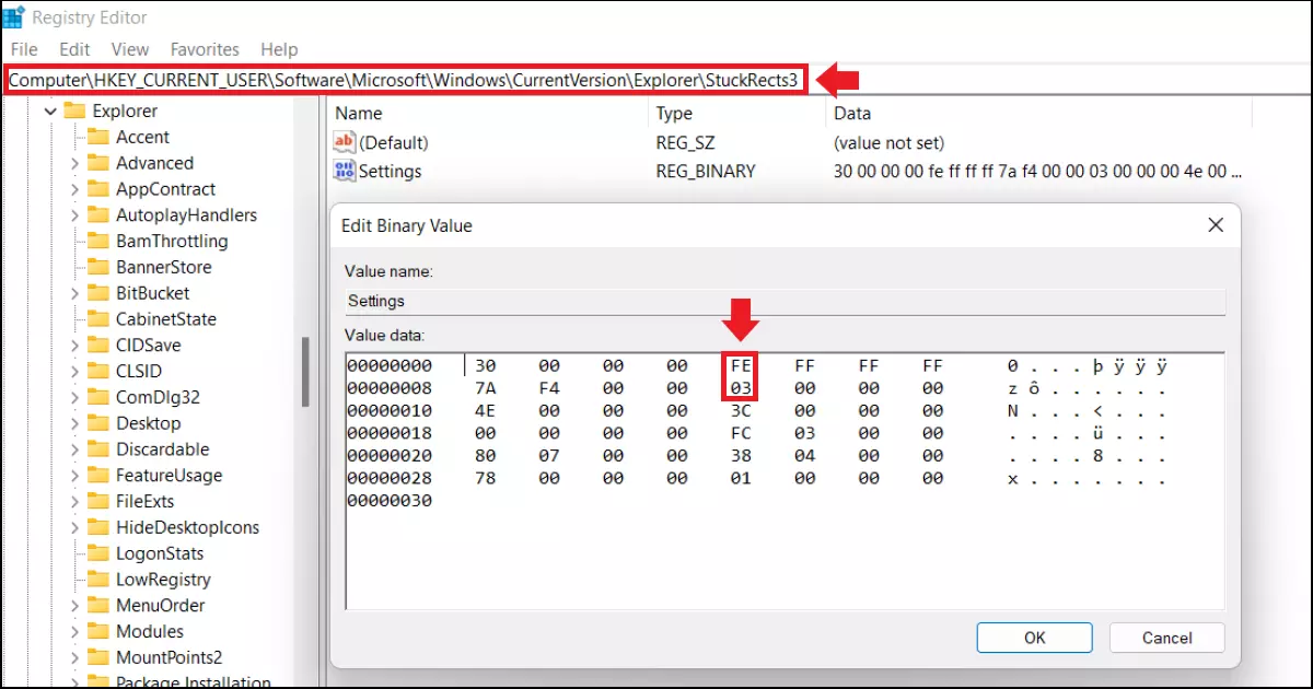 El submenú del registro “Configuración” para definir la posición de la barra de tareas El submenú del registro “Configuración” para definir la posición de la barra de tareas