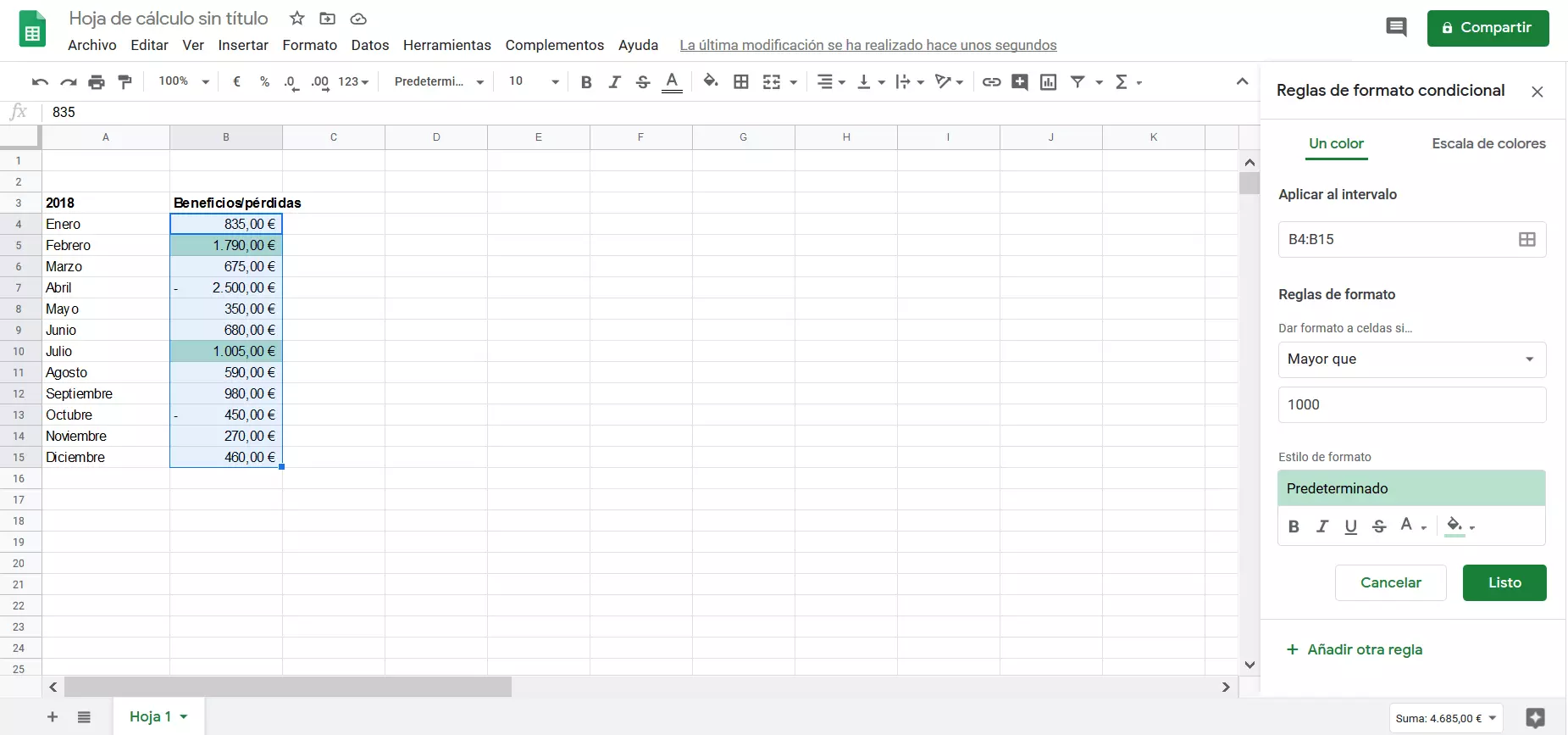 Imagen: Google Sheets: regla de formato condicional.