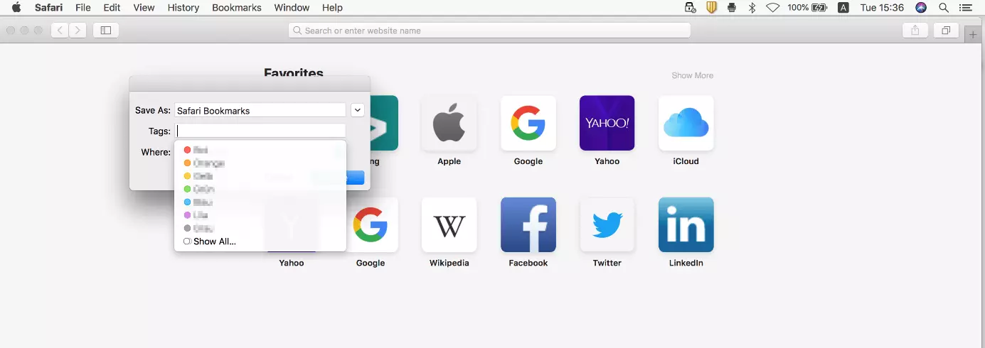 Imagen: “Exportar marcadores” en Safari: asignación opcional de etiquetas
