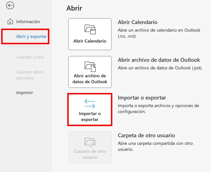 Iniciar el asistente de Outlook para importar datos con “Importar/Exportar” Imagen: Iniciar el asistente de Outlook para importar datos con “Importar/Exportar”