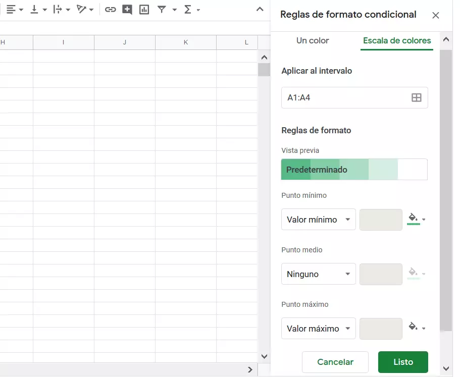 Imagen: Google Sheets: menú para configurar la escala de color.
