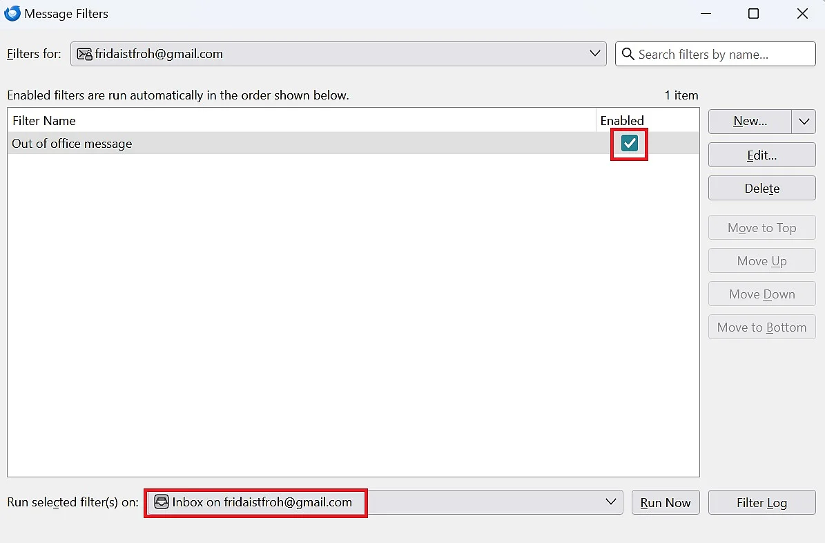 Imagen: Configurar respuesta automática en Thunderbird: activar filtro