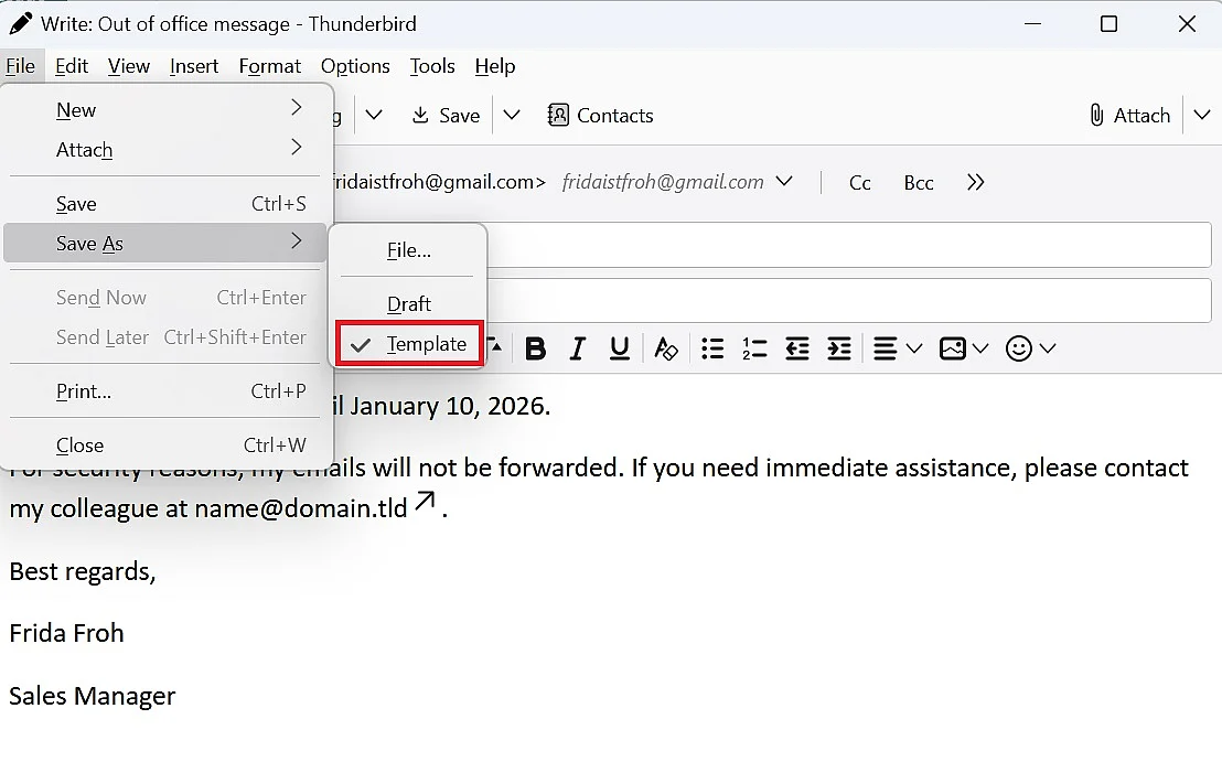 Imagen: Respuesta automática en Thunderbird: guardar el texto como plantilla