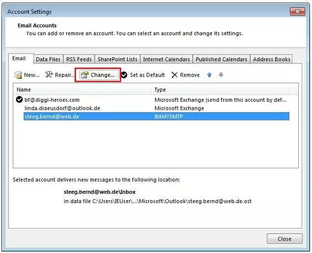 Imagen: Configuración de la cuenta de Outlook: Descripción general de las cuentas de correo vinculadas