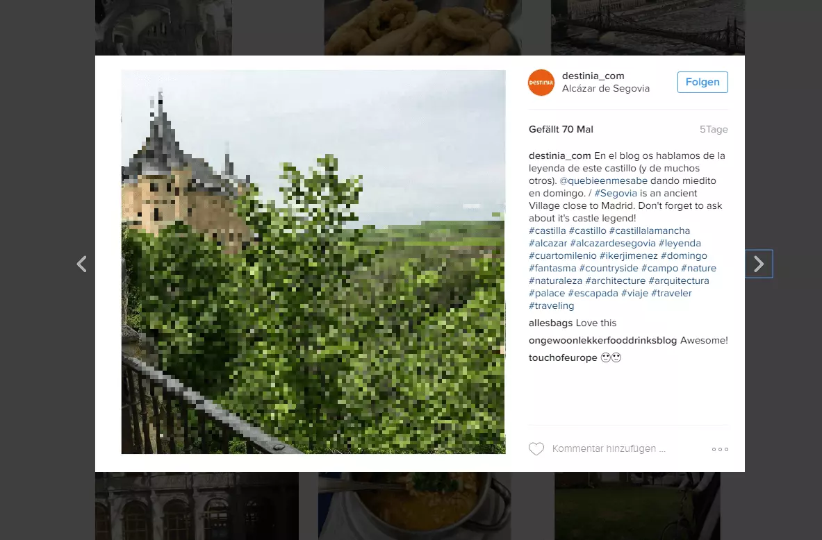 Perfil de empresa de Destinia en la versión web de Instagram