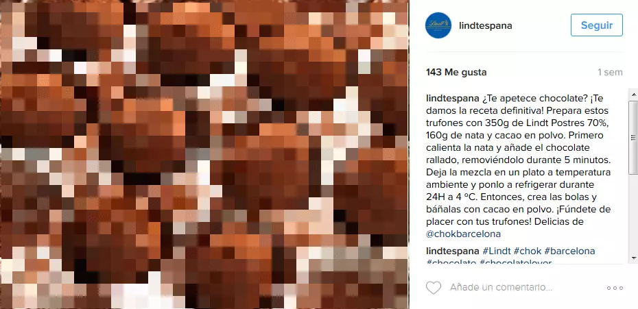 Captura de pantalla de Lindt España en el perfil oficial de la empresa en Instagram