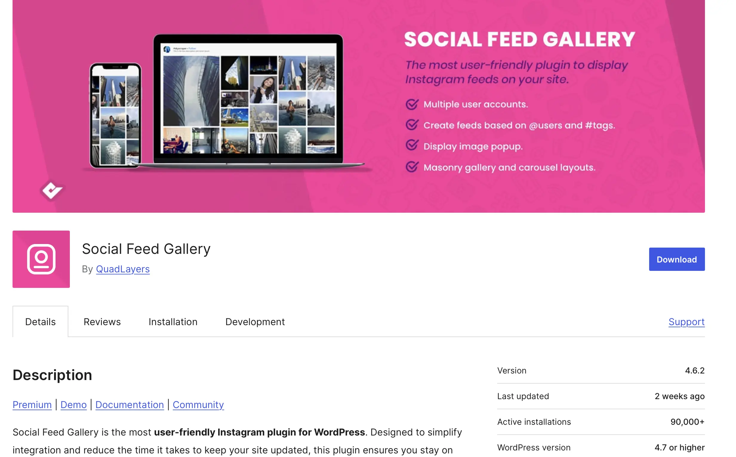 Imagen: Social Feed Gallery en la tienda de plugins de WordPress