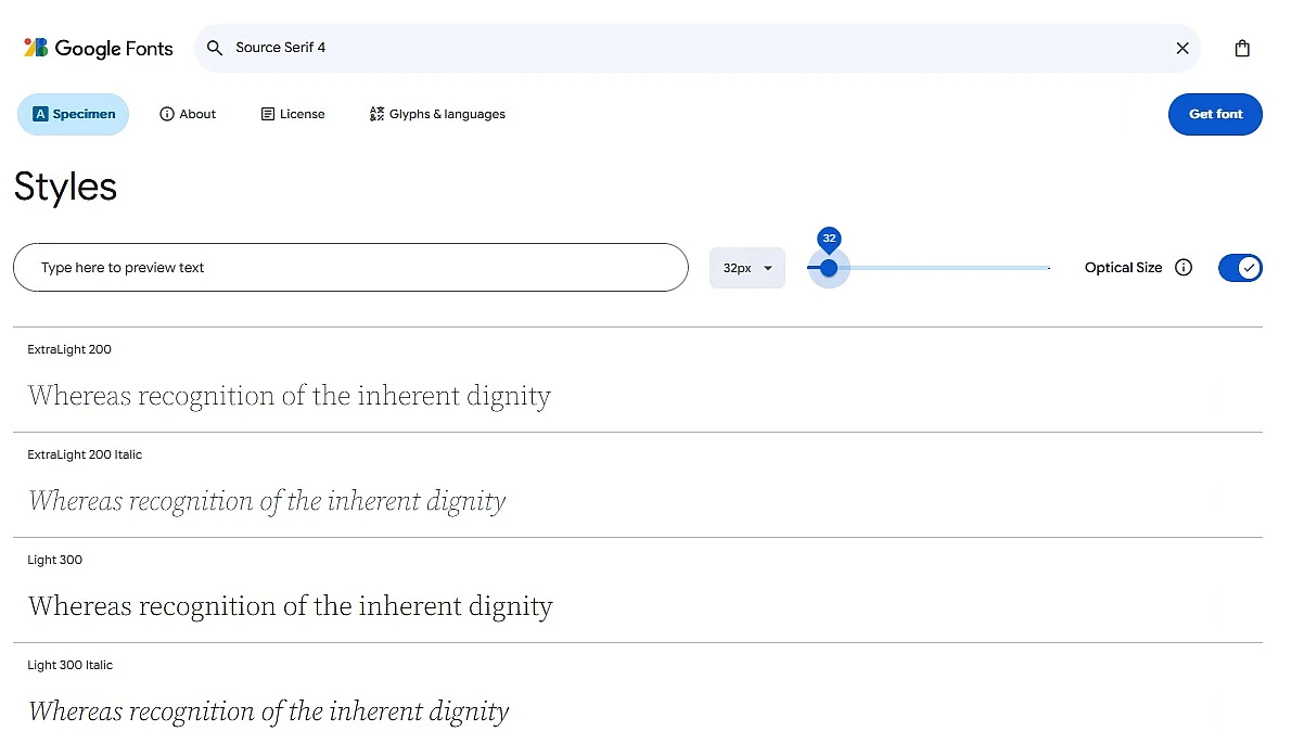 Diferentes variantes de la fuente Source Serif 4 en Google Fonts Imagen: Diferentes variantes de la fuente Source Serif 4 en Google Fonts