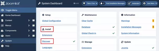 Vista del backend de Joomla Vista del backend de Joomla