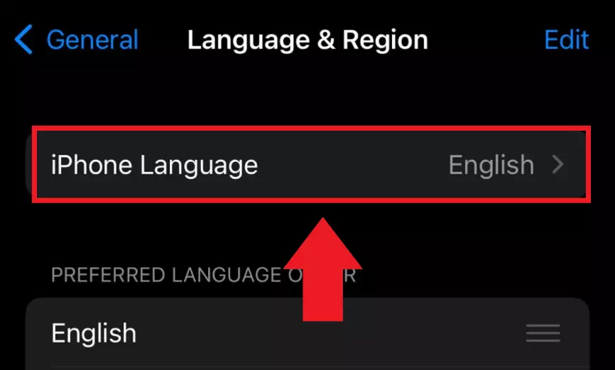 Imagen: El apartado “Idioma del iPhone” del menú iOS con el actual idioma del sistema seleccionado