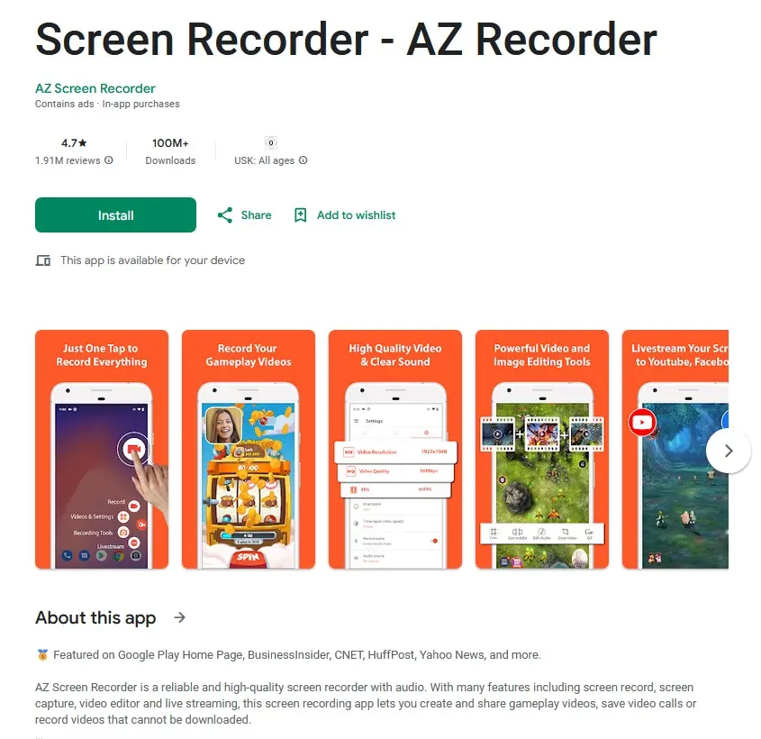 App de screenshots AZ Screen Recorder en Google Play Store Imagen: App de screenshots AZ Screen Recorder en Google Play Store