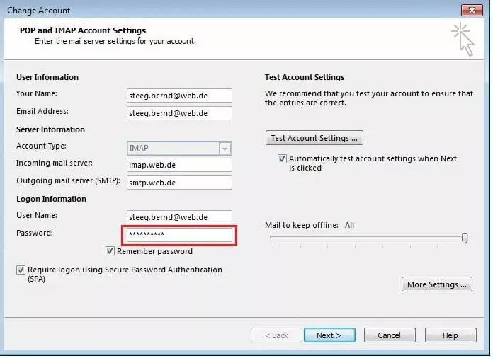 Imagen: Configuración de inicio de sesión y servidor para una cuenta de correo electrónico seleccionada en Outlook 2016
