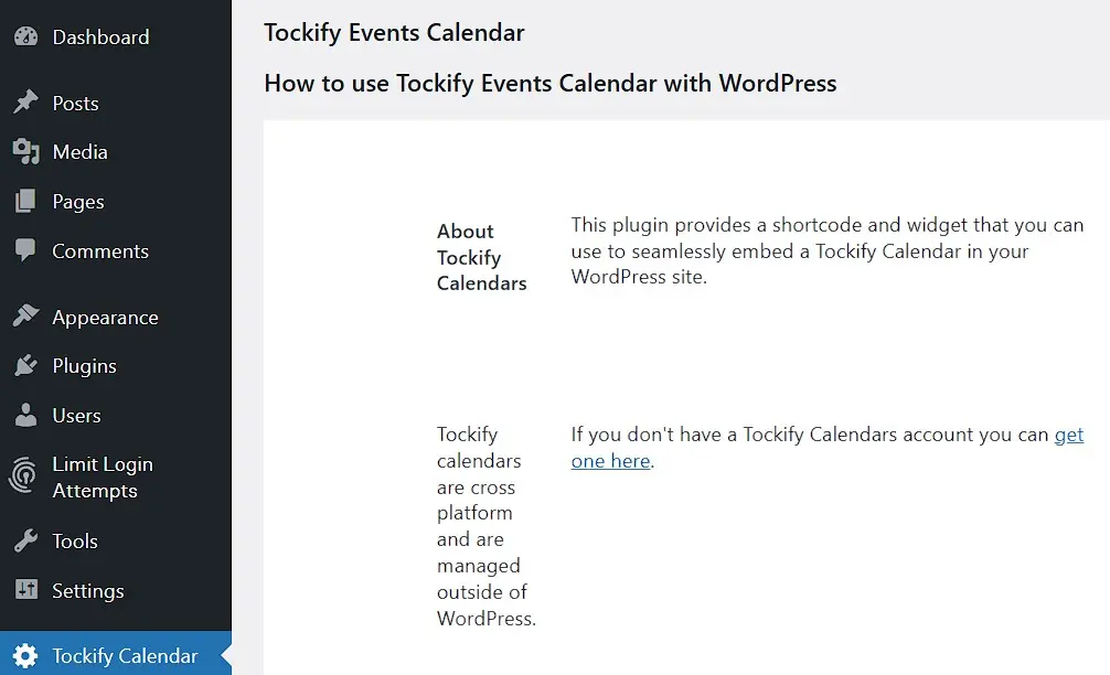 Imagen: Panel de administraci&oacute;n del plugin de calendario de WordPress de Tockify