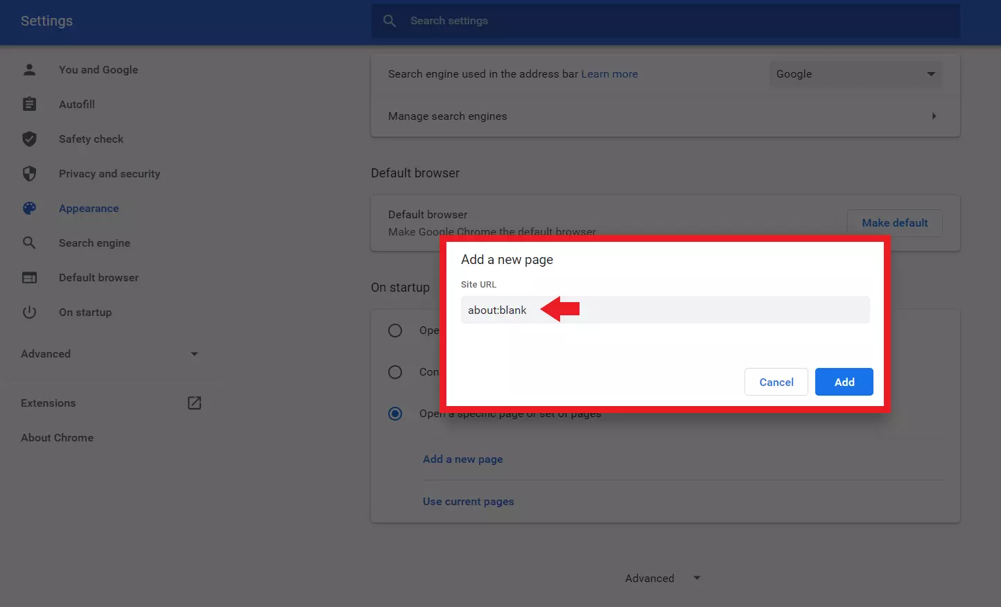 Imagen: Si escribes “about:blank” en el apartado de “abrir una página específica o un conjunto de páginas”, obtendrás una página de inicio vacía sin la opción del buscador de Google