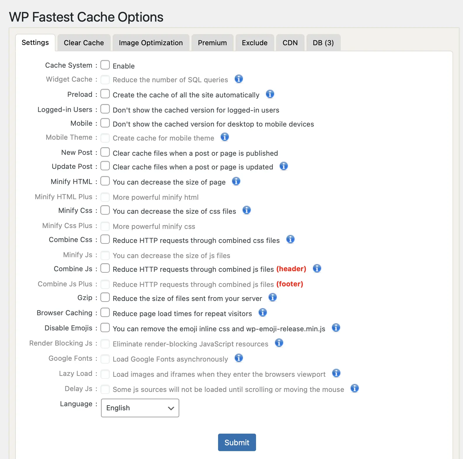 Imagen: Opciones de configuraci&oacute;n del plugin de caching WP Fastest Cache en el backend de WordPress