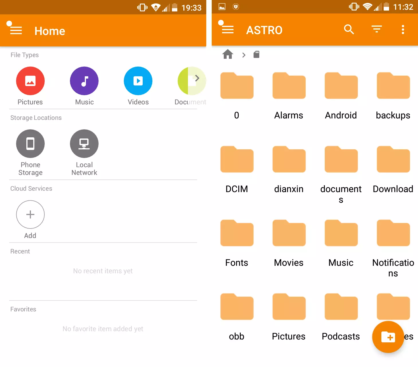 Imagen: Menú de inicio y vista general de ASTRO gestor de archivos para Android