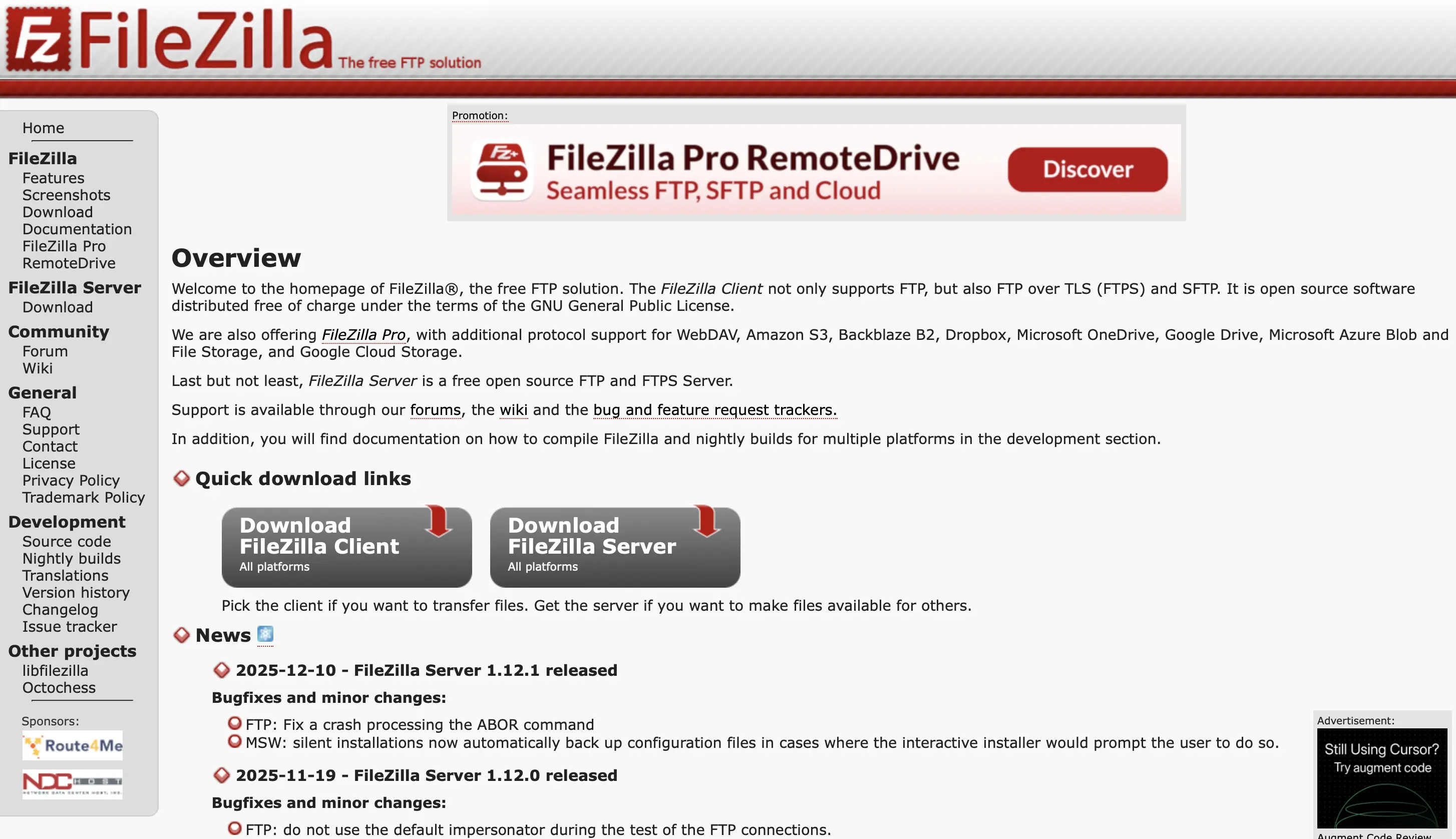 Captura de pantalla de la página web de FileZilla Imagen: Captura de pantalla de la página web de FileZilla