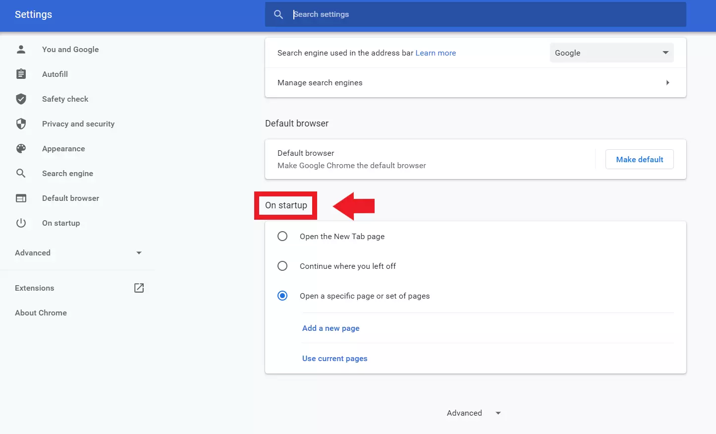 Imagen: Ve hacia abajo hasta llegar al apartado “Al abrir” y cambia la página de inicio de Chrome a tu gusto