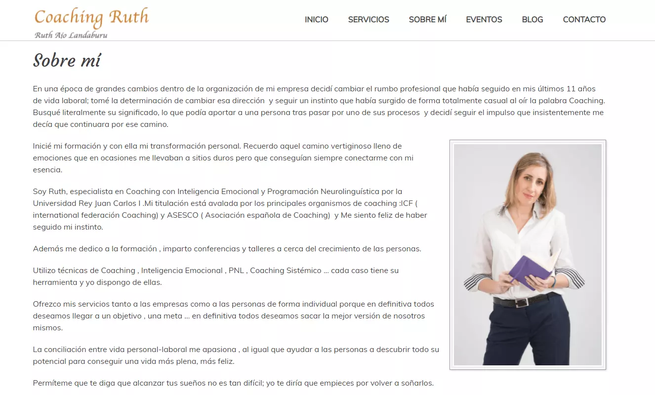 Imagen: Página “Sobre mí” de la especialista en coaching Ruth Landaburu
