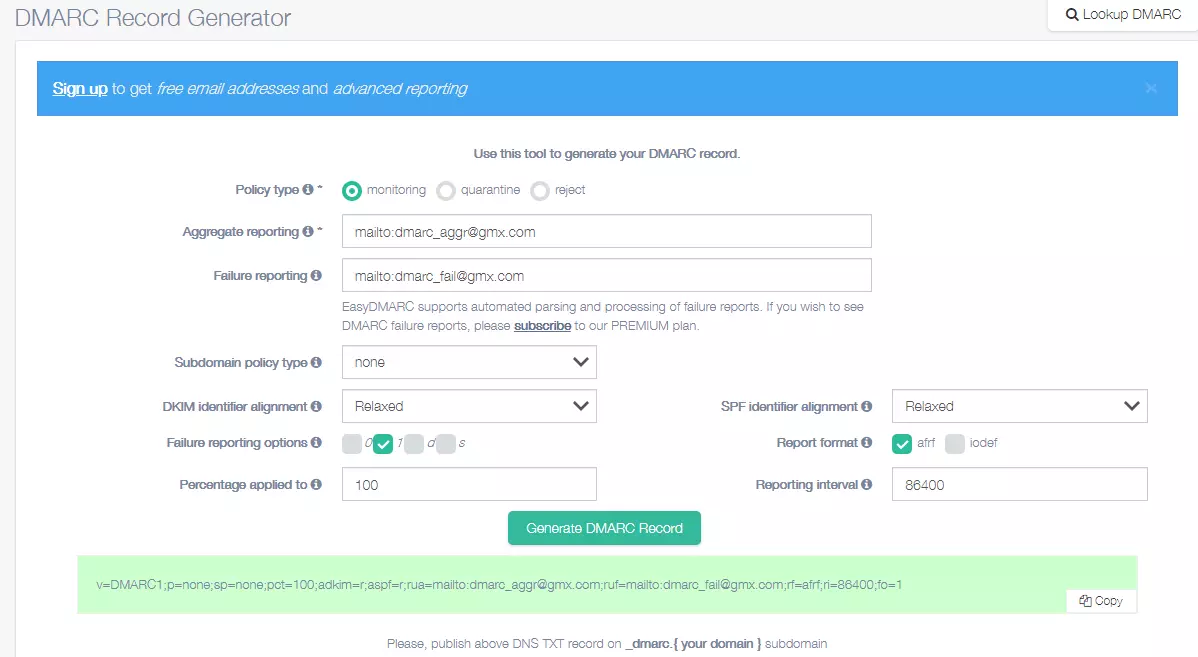 Imagen: Imagen de la herramienta DMARC Record Generator de easydmarc