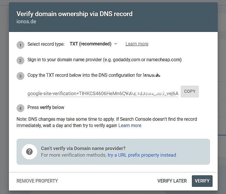 Imagen: Ventana para confirmar la propiedad del dominio en Google Search Console