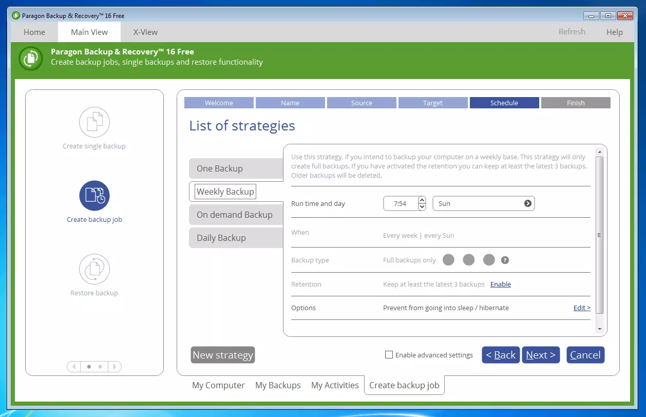 Paragon Backup & Recovery 16 Free: funciones de calendario de las copias de seguridad