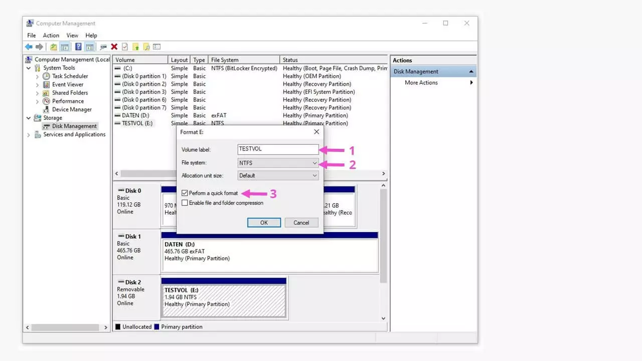 Ventana para crear el sistema de archivos desde la administración de discos