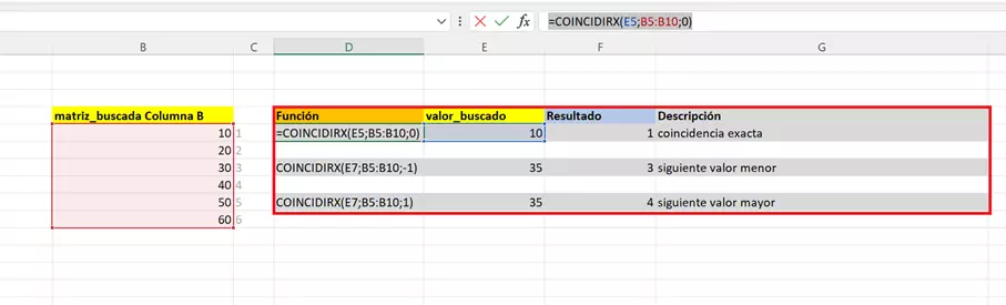 Imagen: Ejemplo de uso de COINCIDIRX en un documento Excel